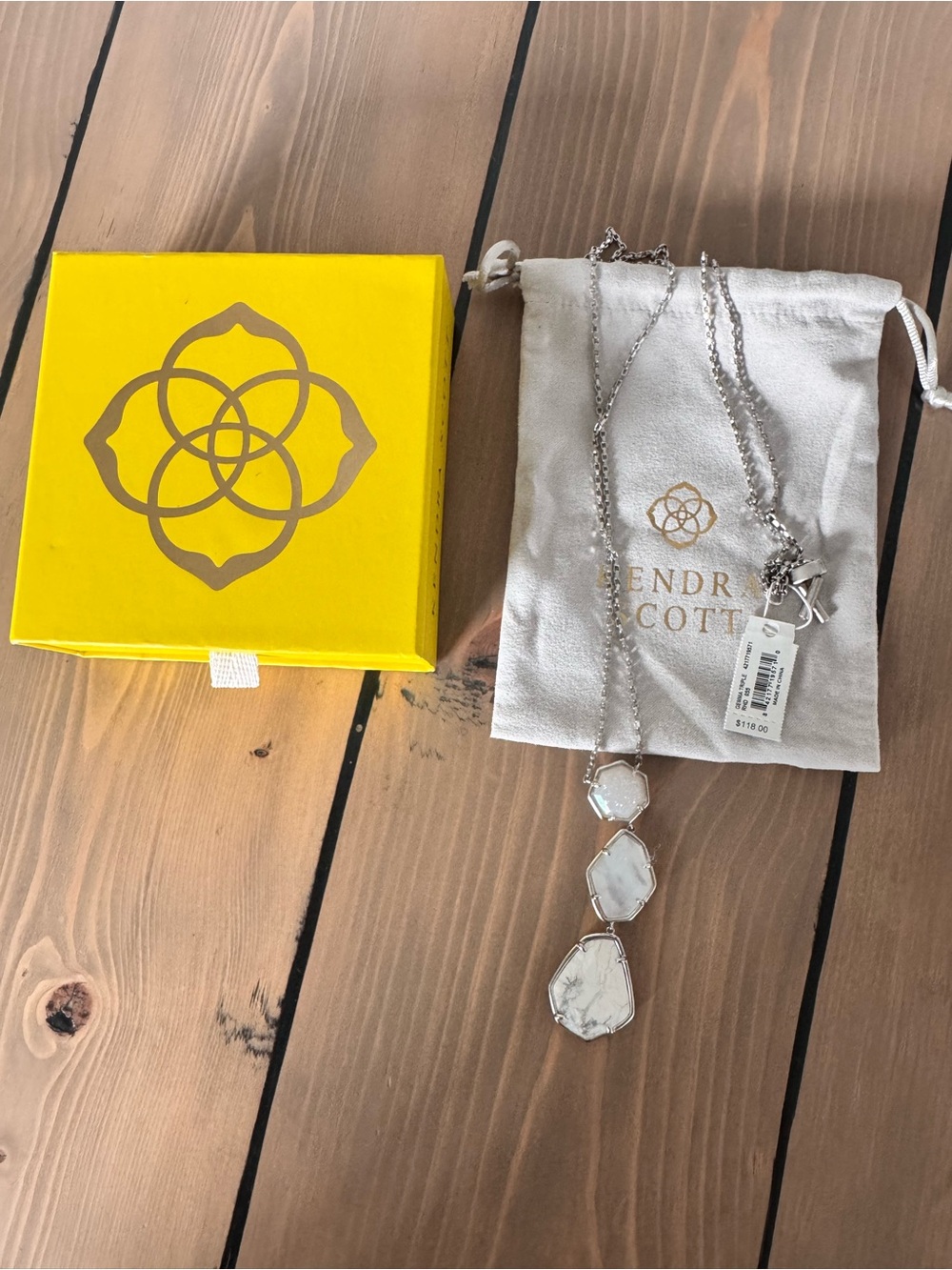 Kendra Scott Long Adjustable Silver Necklace Gemma Stone Druzy, Pearl, Etc. EUC
